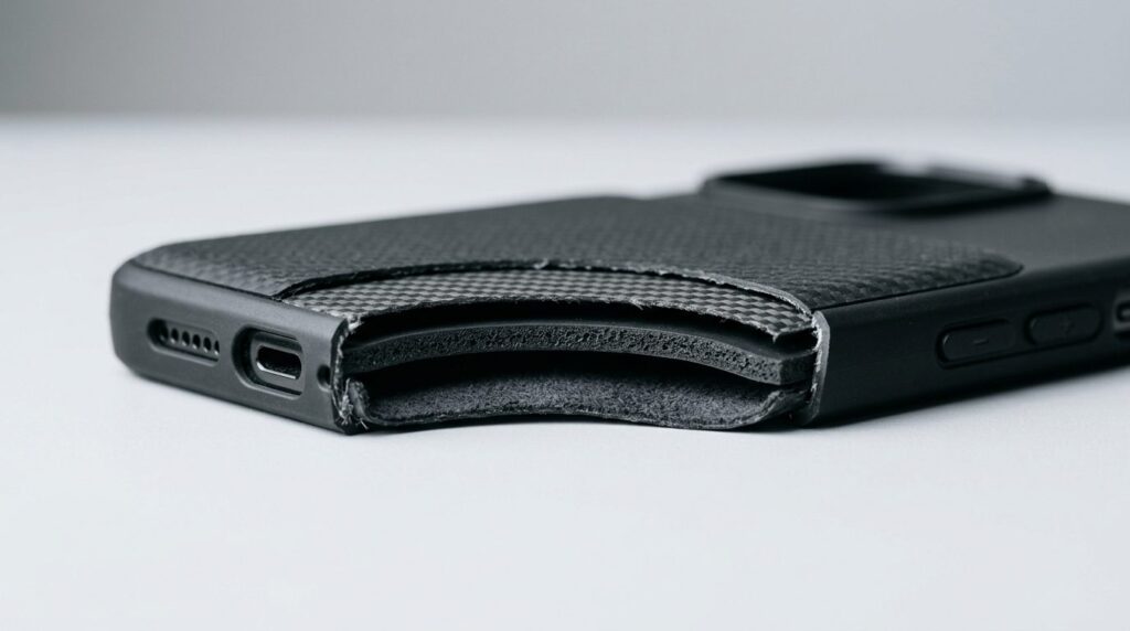 Close-up macro photography of a phone case cross-section or 