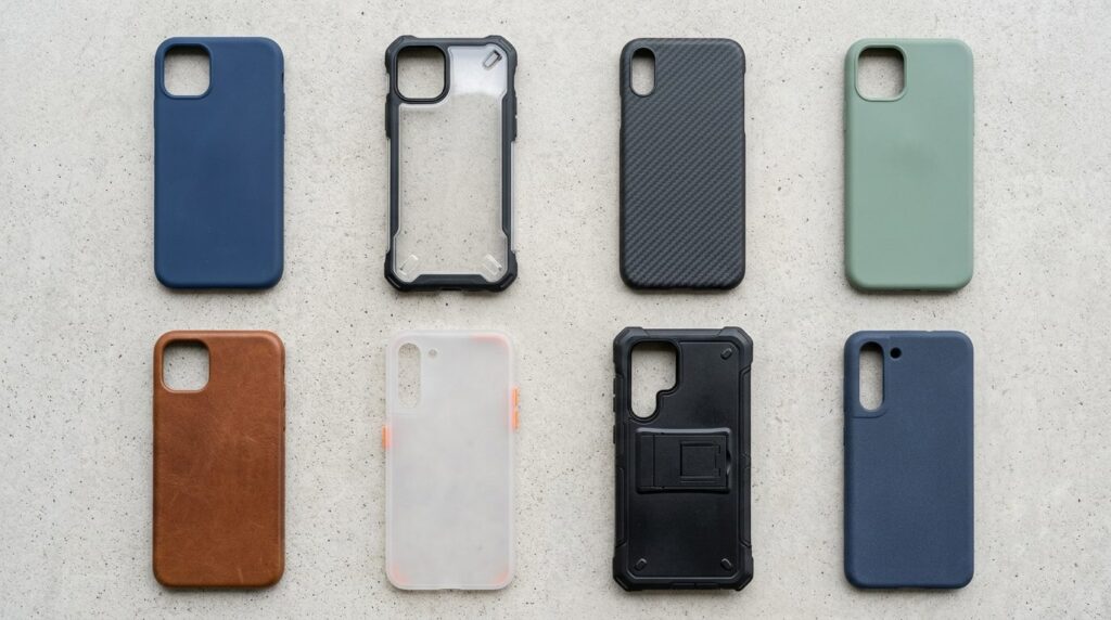 Flat lay product photography of various smartphone cases in 