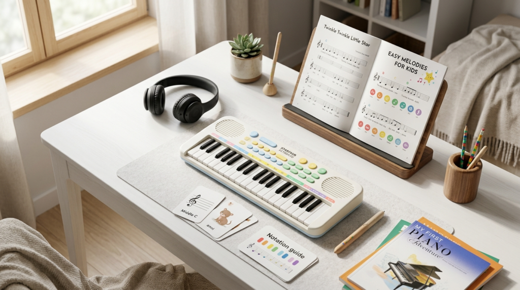 Professional flat-lay product photography of a beginner keyb
